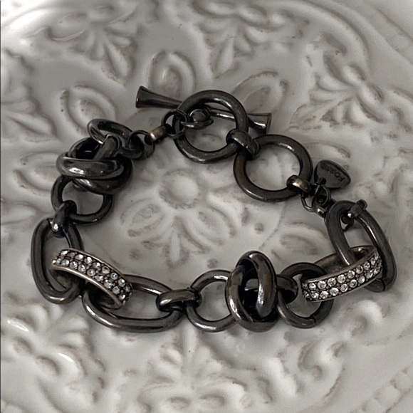 Fossil Gunmetal Silver Chain Link Bracelet with Rhinestones Punk Rebel Rocker - Picture 2 of 12